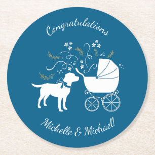 Labrador Dog Baby Shower Blue Boy Lab Round Paper Coaster