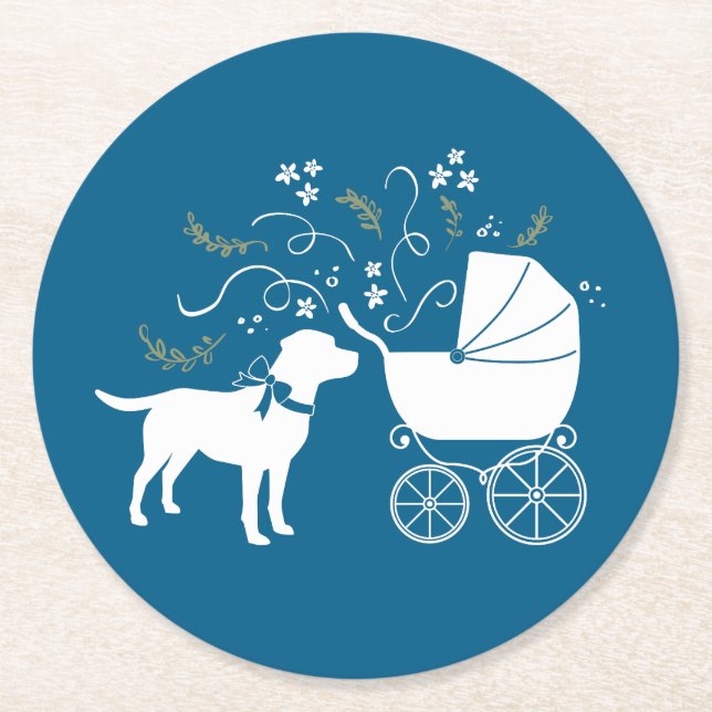 Labrador Dog Baby Shower Blue Boy Lab Round Paper Coaster (Front)