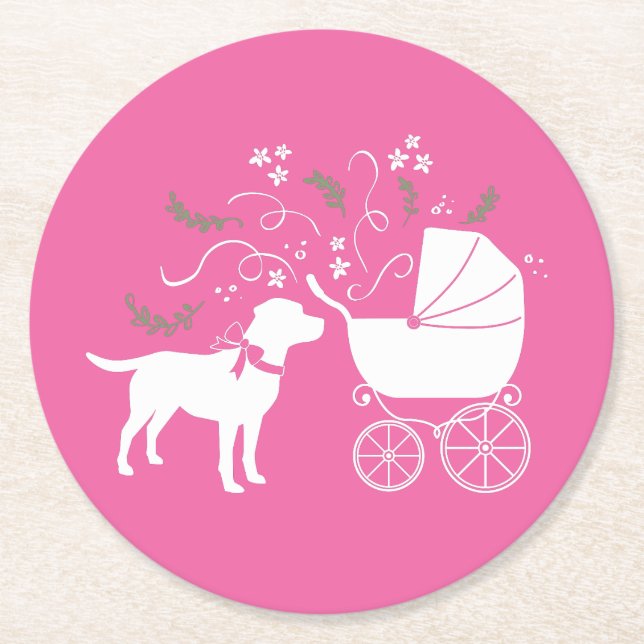 Labrador Dog Baby Shower Pink Girl Lab Round Paper Coaster (Front)