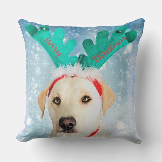 Labrador Dog Christmas Antlers Cute Throw Cushion (Front)