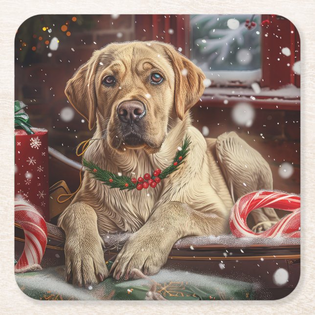 Labrador Dog Christmas Festive Square Paper Coaster (Front)