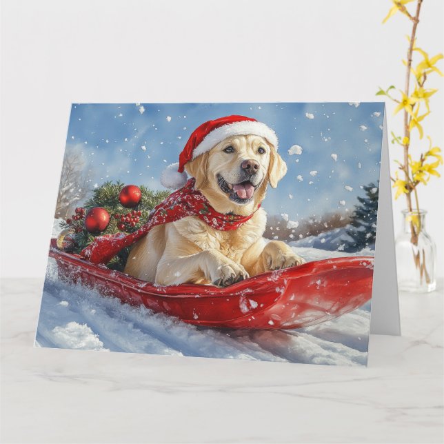 Labrador Dog in Sledge Let it Snow Christmas Card (Yellow Flower)