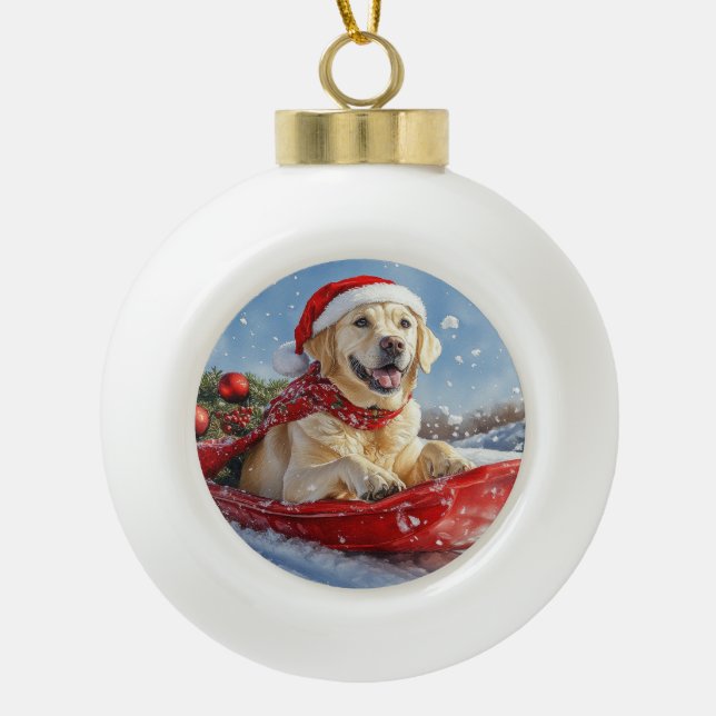 Labrador Dog in Sledge Let it Snow Christmas Ceramic Ball Christmas Ornament (Front)