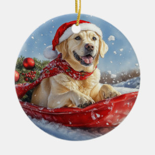 Labrador Dog in Sledge Let it Snow Christmas Ceramic Tree Decoration