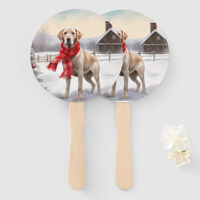 Labrador Dog in Snow Christmas Hand Fan (Front and Back)