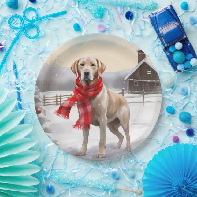 Labrador Dog in Snow Christmas Paper Plate (Party)