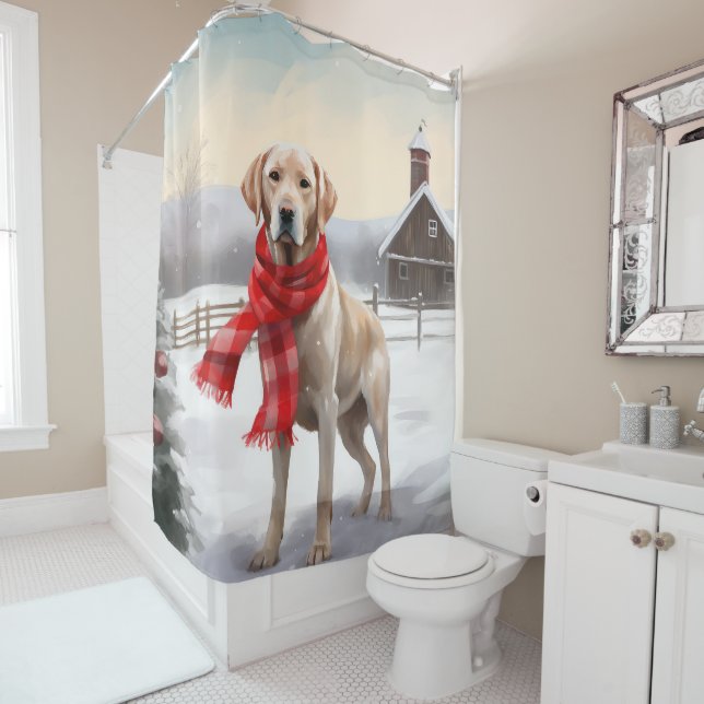Labrador Dog in Snow Christmas Shower Curtain (In Situ)