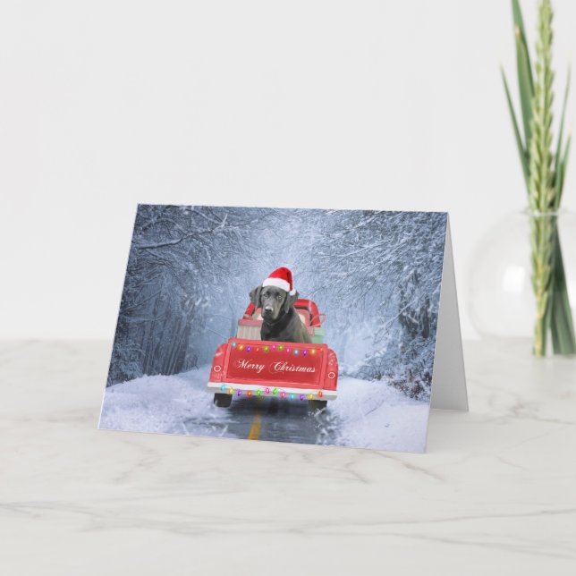 Labrador Dog in Snow sitting in Christmas Truck Card (Front)