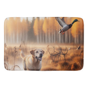 Labrador/dog in the autumn duck hunt bath mat