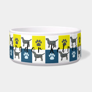 Labrador Dog & Paw Yellow & Blue Grid Dog Bowl