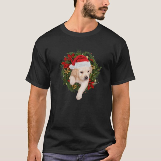 Labrador dog puppy wearing Santa hat in Christmas  T-Shirt (Front)
