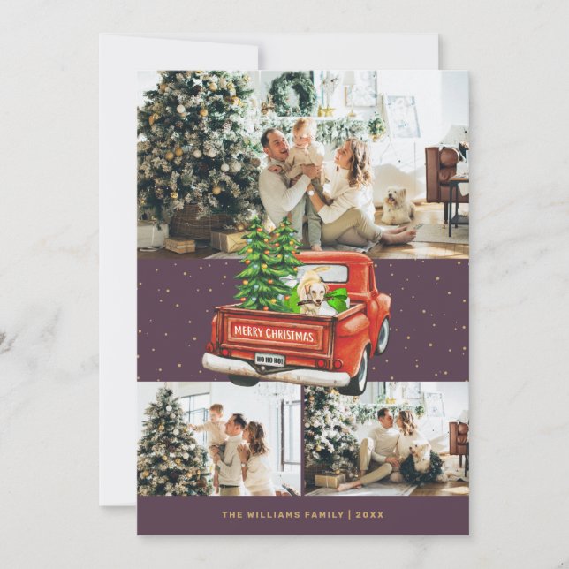 Labrador Dog Red Truck Purple Photo Christmas Holiday Card (Front)