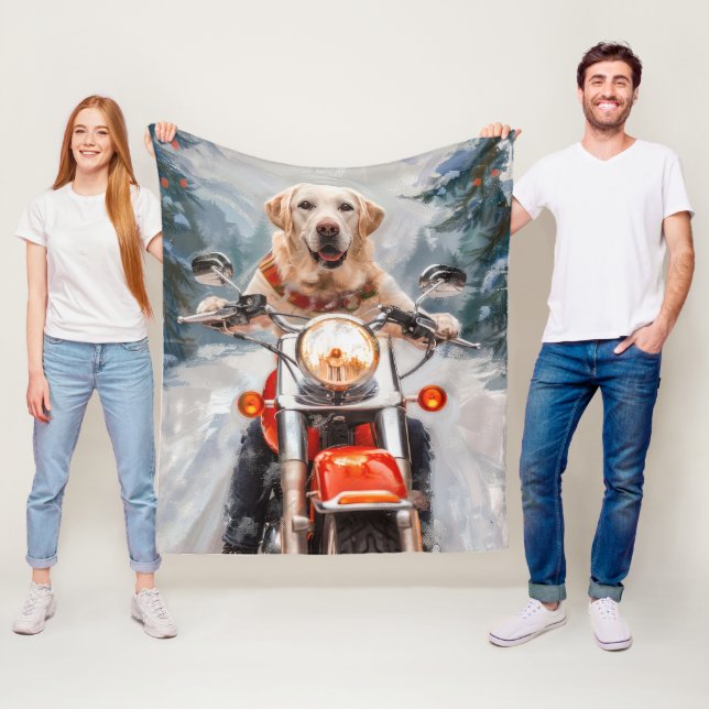 Labrador Dog Riding Motorcycle Christmas Fleece Blanket (In Situ)