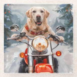 Labrador Dog Riding Motorcycle Christmas Glass Coaster