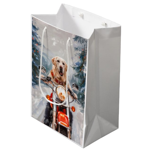 Labrador Dog Riding Motorcycle Christmas Medium Gift Bag (Front Angled)