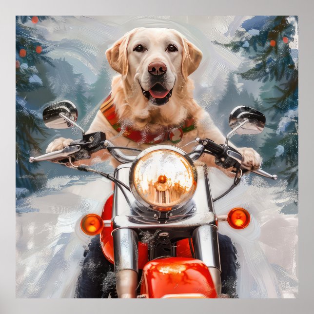 Labrador Dog Riding Motorcycle Christmas Poster (Front)