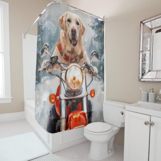 Labrador Dog Riding Motorcycle Christmas Shower Curtain (In Situ)