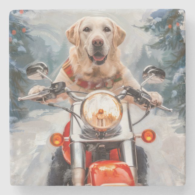 Labrador Dog Riding Motorcycle Christmas Stone Coaster (Front)