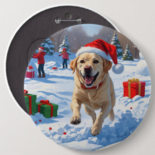 Labrador Dog Running in Snow with Christmas Hat 6 Cm Round Badge