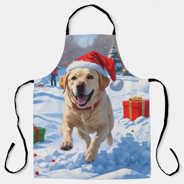 Labrador Dog Running in Snow with Christmas Hat Apron (Front)