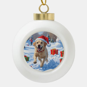 Labrador Dog Running in Snow with Christmas Hat Ceramic Ball Christmas Ornament