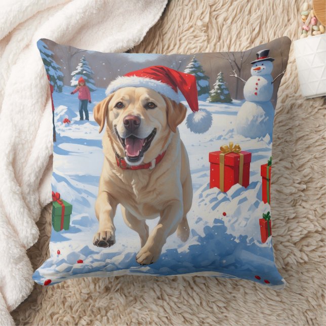 Labrador Dog Running in Snow with Christmas Hat Cushion (Blanket)