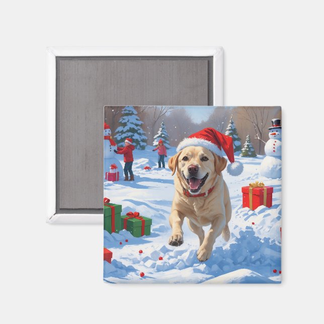 Labrador Dog Running in Snow with Christmas Hat Magnet (Front/Back)