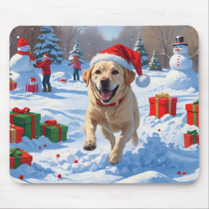 Labrador Dog Running in Snow with Christmas Hat Mouse Mat