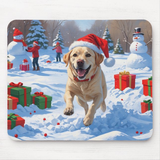 Labrador Dog Running in Snow with Christmas Hat Mouse Mat (Front)