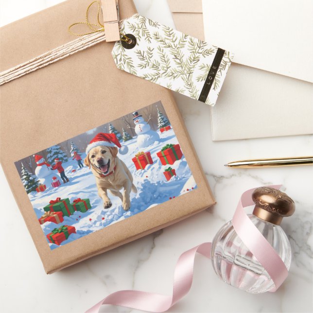Labrador Dog Running in Snow with Christmas Hat Rectangular Sticker (Gifting)