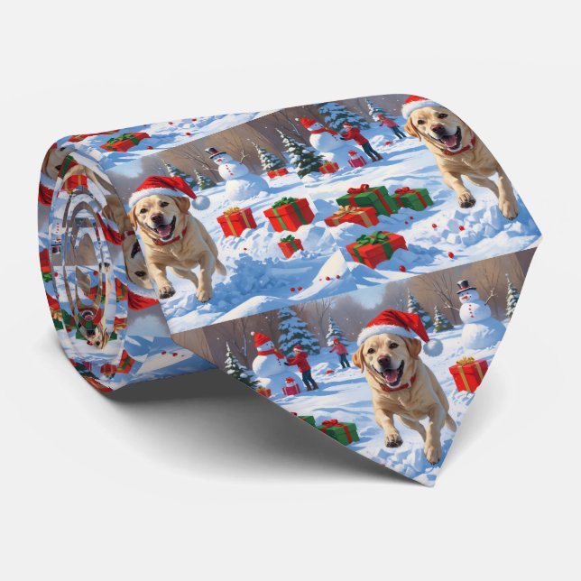 Labrador Dog Running in Snow with Christmas Hat Tie (Rolled)