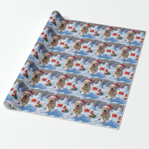 Labrador Dog Running in Snow with Christmas Hat Wrapping Paper