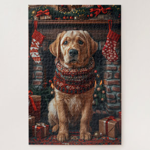 Labrador Dog With Christmas Gifts Fireplace Jigsaw Puzzle