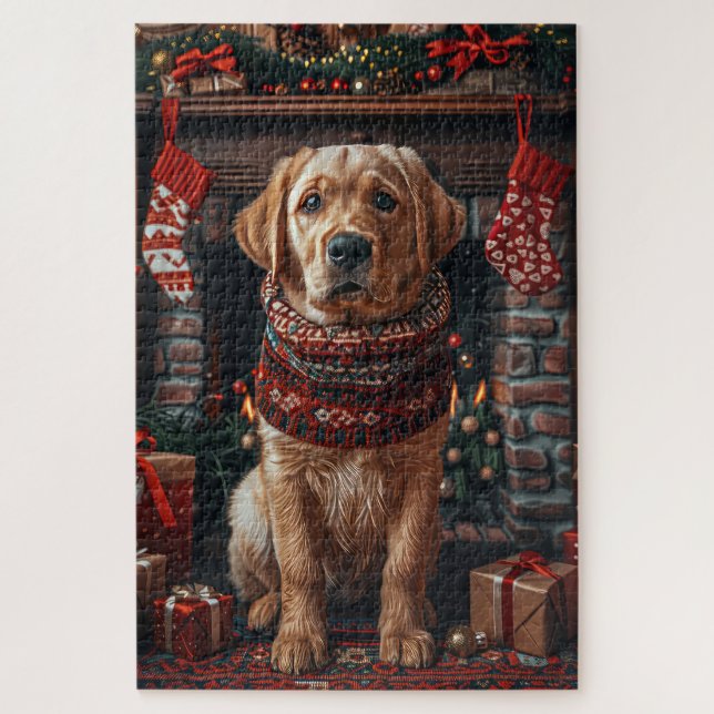 Labrador Dog With Christmas Gifts Fireplace Jigsaw Puzzle (Vertical)