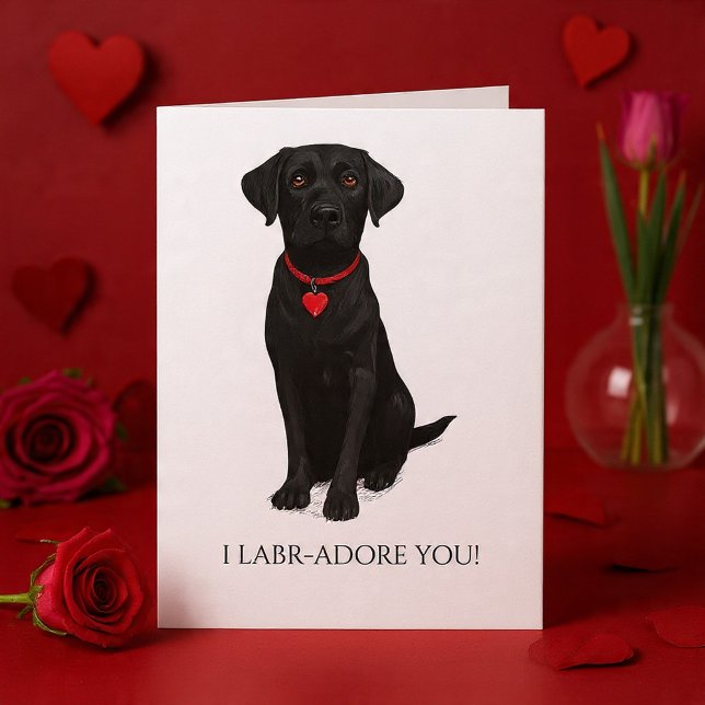  Labrador Dog With Love Heart Adore You Card (Labrador Dog With Love Heart Adore You Card by Ricaso - Cute black lab pup ideal for valentines)