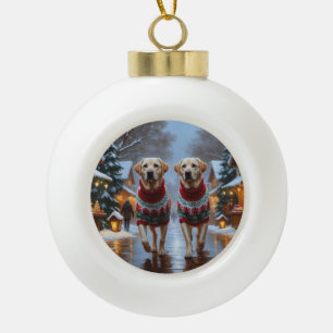 Labrador Dogs Christmas Snow Holiday Ceramic Ball Christmas Ornament