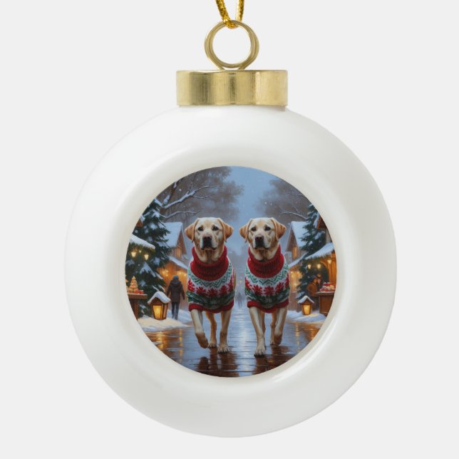 Labrador Dogs Christmas Snow Holiday Ceramic Ball Christmas Ornament (Front)
