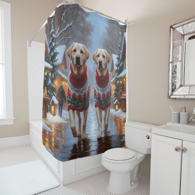 Labrador Dogs Christmas Snow Holiday Shower Curtain (In Situ)