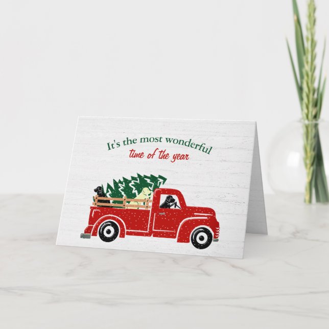 Labrador Dogs In Red Christmas Truck  Holiday Card (Front)
