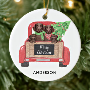 Labrador Dogs Puppy Vintage Red Christmas Truck Ceramic Tree Decoration