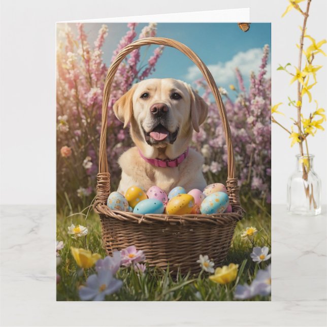 Labrador Easter Eggs Card (Yellow Flower)