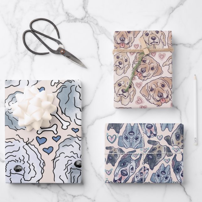 Labrador, Great Dane, Bearded Collie hand-drawn Wrapping Paper Sheet (Front)