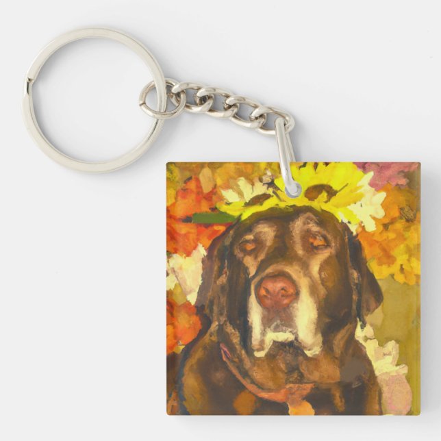 Labrador in flowers key ring (Front)