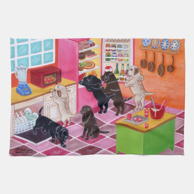 Labrador Kitchen Party Painting Tea Towel (Horizontal)