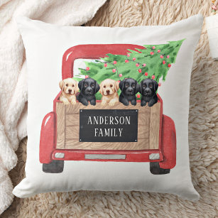 Labrador Puppies Dog Red Truck Christmas Holiday Cushion