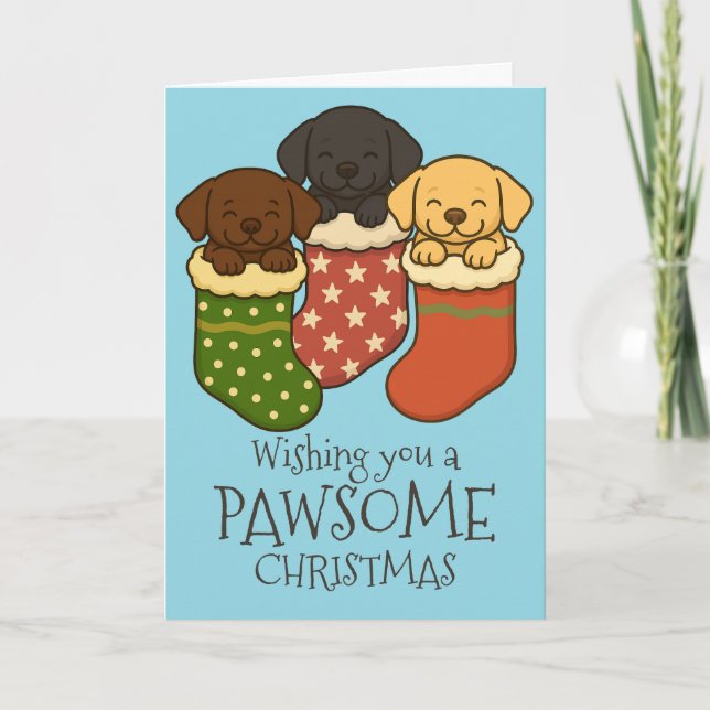 Labrador Puppies in Stocking Christmas Holiday Card (Front)