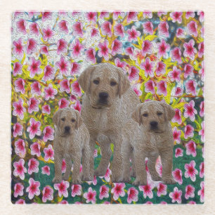 Labrador Puppies Oil Paint, Glass Coaster