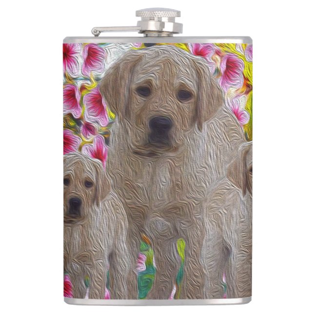 Labrador Puppies Oil Paint, Hip Flask (Front)