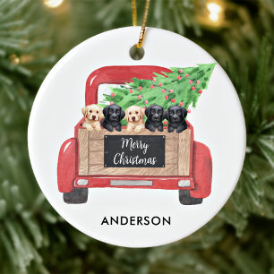 Labrador Puppies Personalised Red Christmas Truck Ceramic Tree Decoration