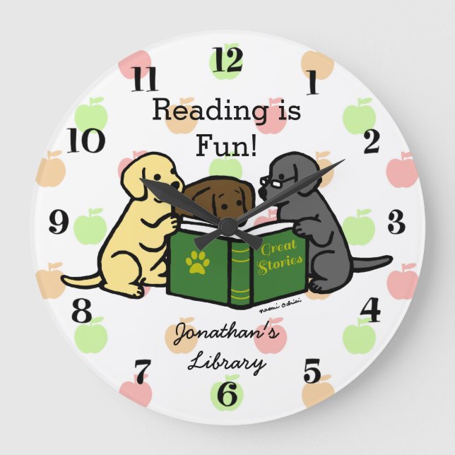 Labrador Puppies Reading Cartoon Large Clock (Front)
